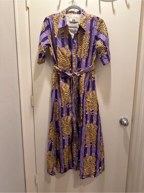 Fox and Hen Purple Midi Shirt Dress with Tie Waist and Gold Tiger Motif small